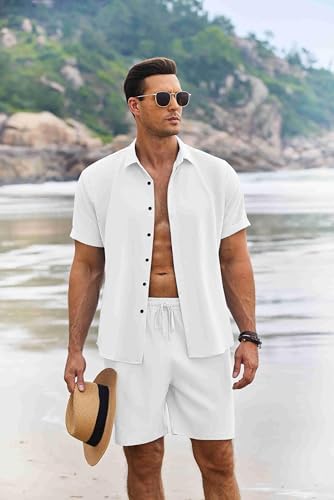 COOFANDY Men's Summer Beach Outfits 2 Piece Short Sleeve Shirts and Shorts Vacation Texture Linen Sets for Men - Image 2