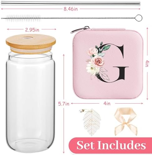 AYGXU Travel essential jewelry box,16oz Glass Cups with Bamboo Lids and Straws set,Personalized Jewelry Boxes for Women Girls,Travel Gifts for Women,Birthday Gifts for Girls,Initial G pink - Image 2