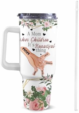 Gifts for Mom from Daughter Son, Personalized Mama Bear Tumbler with Handle and Straw, Custom Mom Coffee Tumbler with Kids Names, Personalized Mothers Day Gift for Women, Her, New Mom, Grandma - Image 2