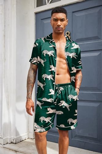 Ekouaer Mens Silk Satin Pajamas Set Short Sleeve Button Up Lounge Pjs Set - Image 3