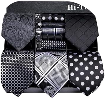 Hi-Tie Lot 5 Pcs Gift Box Mens Tie Set Necktie with Pocket Square Cufflinks Silk Neck Tie Collection by Hi-Tie