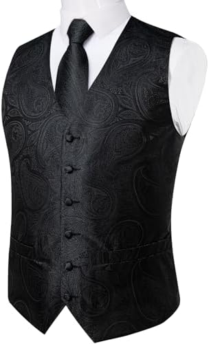 DiBanGu Mens Vest and Tie Set Formal Paisley Waistcoat and Necktie Pocket Square Cufflinks Silk Suit Vest for Tuxedo Wedding - Image 2