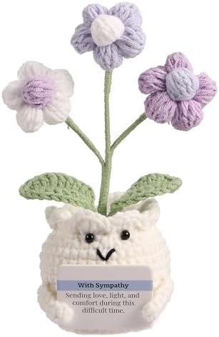 Crochet Sympathy Gifts for Loss of Loved One – Send Sympathy Crochet Puff Flower Potted Plant with Comfort Card – Bereavement, Grief Support Gift Idea for Grandpa Grandma Mom Dad Women Friends by YOOJEE