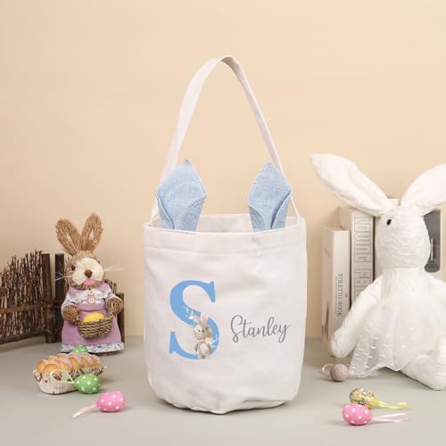 Personalized Bunny Ears Bucket Bag with Custom Name Photo-Easter Bag with Handle-Soft Egg Basket for Kids -Customized Easter Basket-Great for Carrying Gift Easter Eggs (Blue) - Image 4