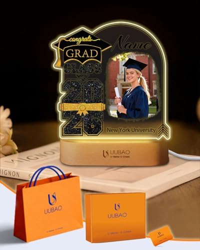 Personalized Graduation Gifts Custom Photo Name Night Light Black and Gold LED Table Lamp for 2026 University High School Senior Keepsake(Cap) by UUBAO