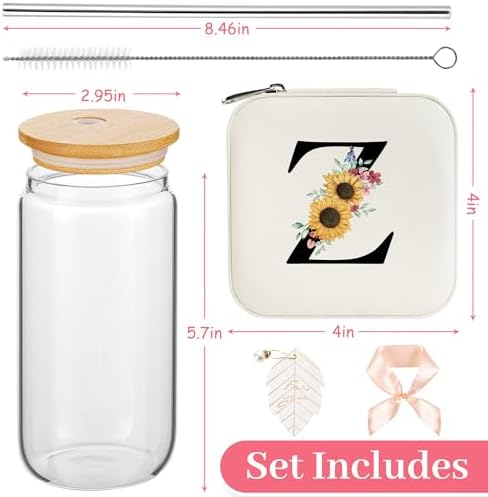 AYGXU Glass Cups with Lids and Straws, Tumblers with Brushes, Small Jewelry Organizer Box, Birthday and Travel Gifts for Women and Girls, High School Graduation Gift for Her, Initial Z White - Image 2