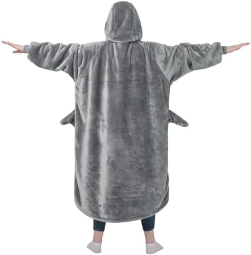 Waitu Shark Hoodie Blanket for Adult, Shark Wearable Blanket Hoodie Gifts for Women Men, Hooded Blanket with Sleeves Funny Shark Gifts for Shark Lovers, Gray - Image 2