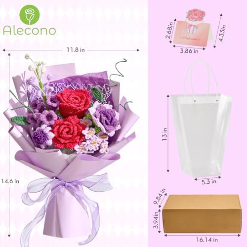 Alecono Crochet Flower Bouquet Purple and Hot Pink Handmade Knitted Rose - Image 6