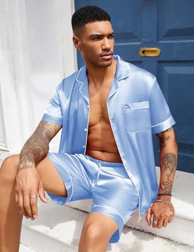 Ekouaer Mens Silk Satin Pajamas Set Short Sleeve Button Up Lounge Pjs Set - Image 5