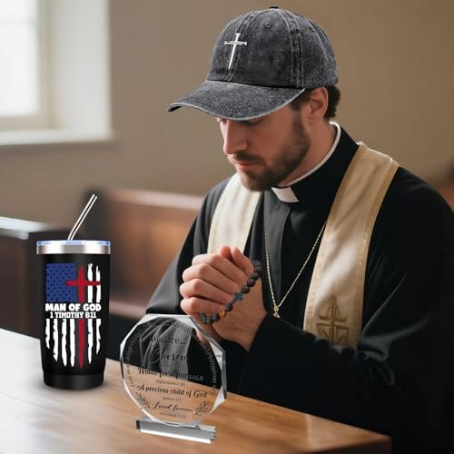 10 Pcs Christian Gifts for Men Faith, Inspirational Religious Gifts, Catholic Gift with 20 Oz Tumbler Bible Verses Crystal Plaque Hat Socks Bracelet Keychain for Husband, Dad, Grandpa, Friends - Image 2
