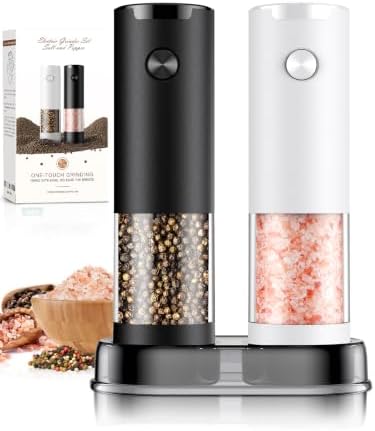 Electric Salt and Pepper Grinder Set Automatic Grinder for Kitchen Battery Pepper Mill Shakers Adjustable Coarseness Upgraded Larger Capacity with Led Gifts for Mom by ioion