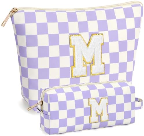 mibasies 2 PCS Initial Makeup Bags for Women: Cosmetic Bag for Travel Toiletry - Birthday Gifts for Teen Girl Gifts Trendy Stuff - Graduation Teacher Gift for Girlfriend -Checkered Purple M by mibasies