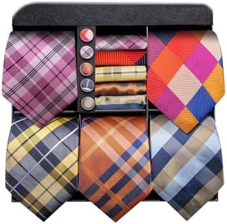 Hi-Tie Lot 5 Pcs Gift Box Mens Tie Set Necktie with Pocket Square Cufflinks Silk Neck Tie Collection by Hi-Tie