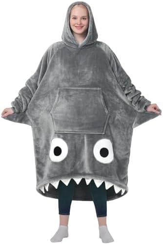 Waitu Shark Hoodie Blanket for Adult, Shark Wearable Blanket Hoodie Gifts for Women Men, Hooded Blanket with Sleeves Funny Shark Gifts for Shark Lovers, Gray by Waitu