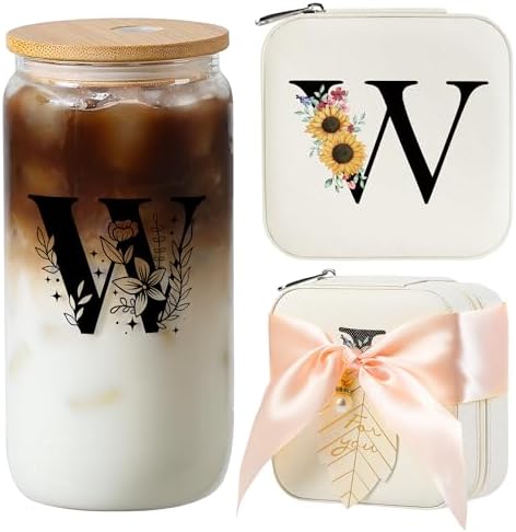 AYGXU Initial Glass Cup,Personalized Birthday Gifts for Women,16oz Glass Tumbler Cups,Graduation Gifts for Her,Small Jewelry Organizer Box,Birthday Gifts for Women,Initial W white by AYGXU