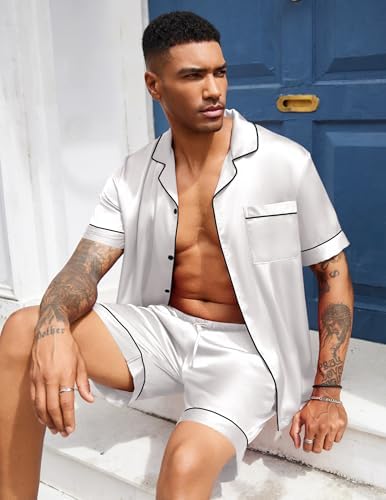 Ekouaer Mens Silk Satin Pajamas Set Short Sleeve Button Up Lounge Pjs Set - Image 5