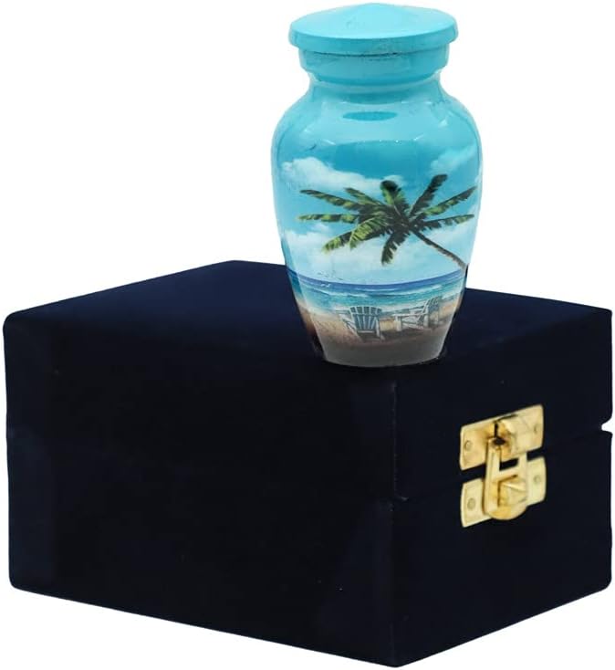 HLC Blue Beach Small Keepsake - Keepsake Urn with 1 Velvet Box Bag-Mini Keepsake Urn - Ashes Urn 3" H x 2.5" W x 2.5" L