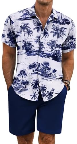 COOFANDY Men's Summer Beach Outfits 2 Piece Short Sleeve Shirts and Shorts Vacation Texture Linen Sets for Men by COOFANDY