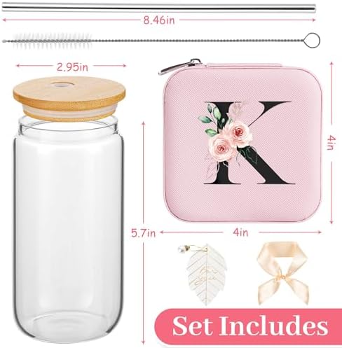 AYGXU Mothers Day gifts,Graduation Gifts for Her, Bridesmaid Gifts,Drinking glass with Bamboo Lids and Straw,Jewelry Organizer,Travel Essentials Small Jewelry Box,Teen Girls Gifts,Initial K pink - Image 2
