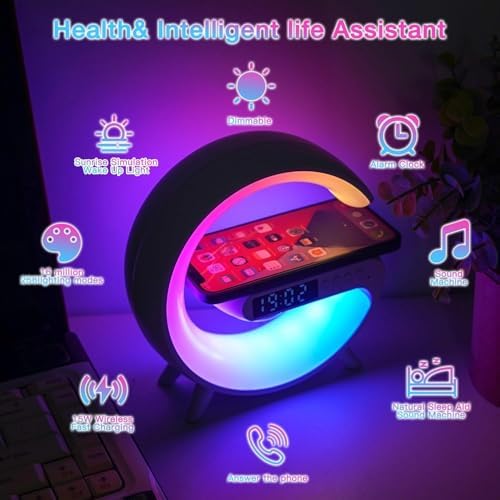 Mini Smart LED Table Lamp, 4-in-1 Wireless Charger, Wireless Charger with Speaker,Night Light, Alarm Clock, and Bluetooth Speaker for Bedroom and Home Decor (Black) - Image 2