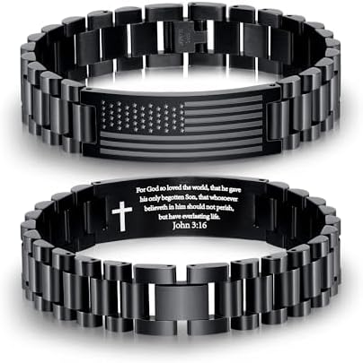 P. BLAKE American Flag Bible Verse Bracelet for Men, Stainless Steel Engraved Scripture Bracelet Christian Religious Christmas Birthday Jewelry Gifts by PBLAKE