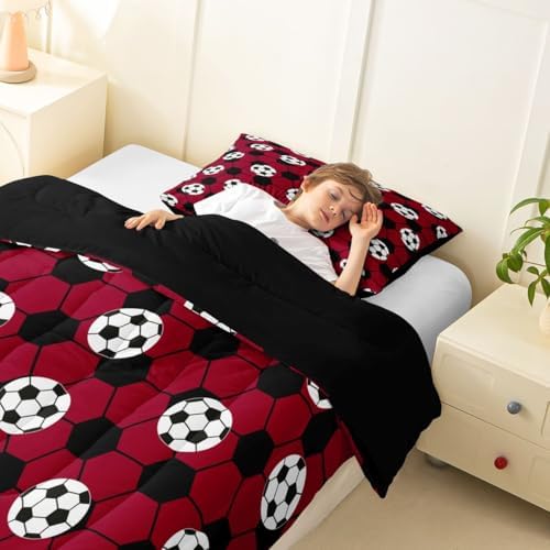 Erosebridal Football Bedding King,Soccer Ball Comforter Set Sports Theme Bed Sets Red and Black Duvet Insert 3 Pieces - Image 4