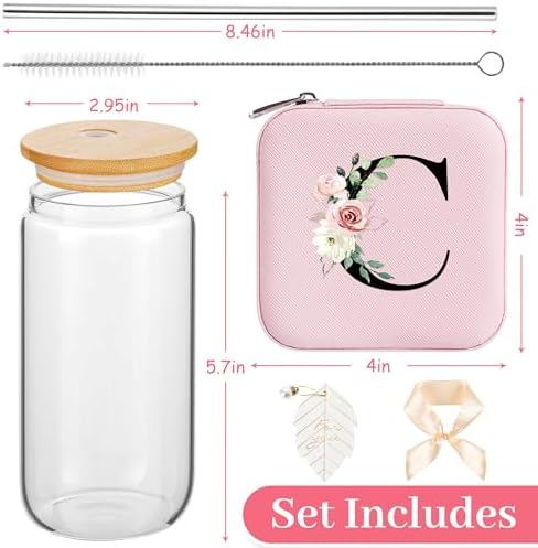 AYGXU Bridesmaid Gifts,18 year old girl birthday gifts,teacher gifts for womens,Drinking glass with Bamboo Lids and Straw,Jewelry Organizer,Travel Essentials Small Jewelry Box,Initial C pink - Image 2