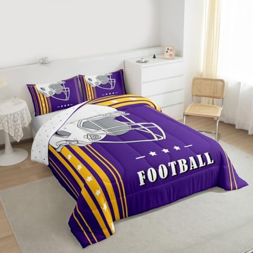 Erosebridal Football Gifts Bedding Comforter Sets for Sports Lovers Fans Presents, Football Bedding for Kids Boys Teens Purple Yellow Striped Lines Stars Comforter Queen - Image 4