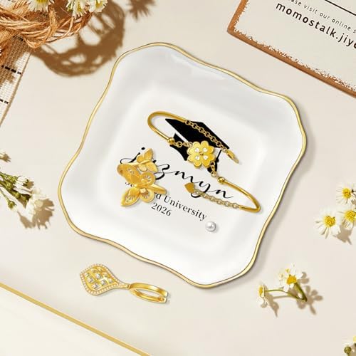 College and High School Graduation Gift for Her, Personalized Graduation Jewelry Dish Class of 2026, Ceramic Ring Tray 4.3x4.3 inches, Customizable Names and Birth Month Flowers - Image 2