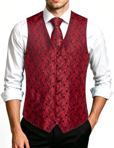DiBanGu Mens Vest and Tie Set Formal Paisley Waistcoat and Necktie Pocket Square Cufflinks Silk Suit Vest for Tuxedo Wedding - Image 3