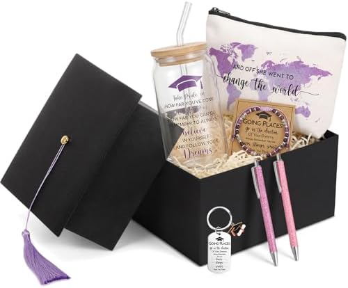 Vesici 8 Pcs Class of 2026 Graduation Gift Box Set for Women Her Grad Cap Box Glass Cup Makeup Bag Bracelet Pen Keychain College High School Graduation Gift for Daughter Sister Friend(Purple) by Vesici