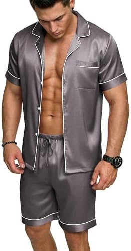Ekouaer Mens Silk Satin Pajamas Set Short Sleeve Button Up Lounge Pjs Set by EKOUAER