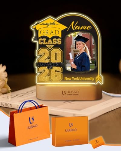 Personalized Graduation Gifts Custom Photo Name Night Light Gold and Black LED Table Lamp for 2026 University High School Senior Keepsake(Cap) by UUBAO