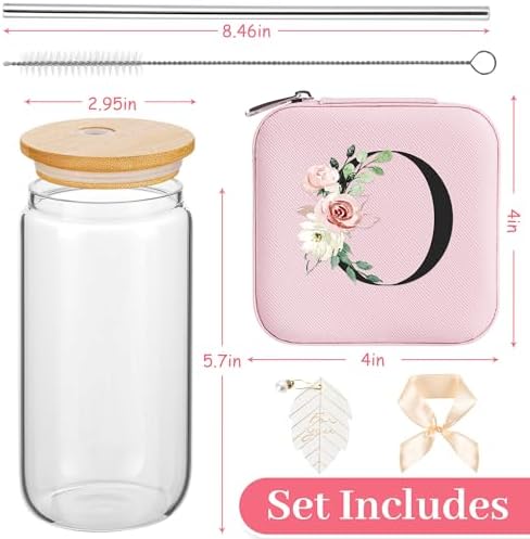 AYGXU Travel Jewelry Case for Women Girls, Organizer Box, 16oz Glass Cups With Bamboo Lids, Aesthetic Cup, Essentials, Initial O Pink - Image 2