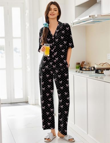 Ekouaer Women Pajamas Set Button Down Sleepwear Short Sleeve Pjs Long Pants - Image 3