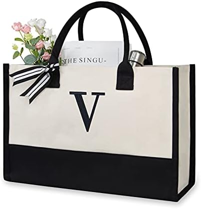 TOPDesign Personalized Initial Canvas Beach Bag, Monogrammed Gift Tote Bag for Women by TOPDesign