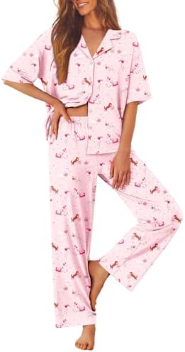 Ekouaer Women Pajamas Set Button Down Sleepwear Short Sleeve Pjs Long Pants by EKOUAER