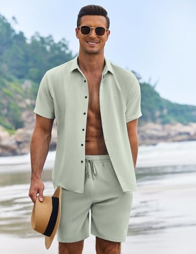 COOFANDY Men's Summer Beach Outfits 2 Piece Short Sleeve Shirts and Shorts Vacation Texture Linen Sets for Men - Image 6