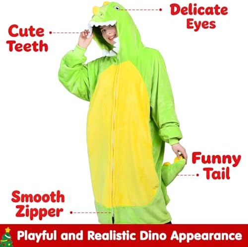 Waitu Dinosaur Wearable Blanket Hoodie Funny Halloween Costumes Gifts for Women Men Boys Girls, Zipper Hoodie Blanket Sweatshirt Cozy Unisex Flannel Dinosaur Costume Cute Gifts (Adult, Green) - Image 4