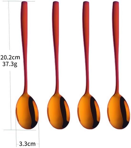 Metal Round Spoons, 8 inch Stainless Steel Reusable Long Handle Korean Soup Spoons, Table Dinner Desert Spoon Set of 8 (Orange Red)