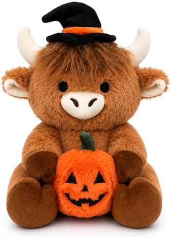 Halloween Plush- 10inch Highland Cow Stuffed Animals Toy Holding a Pumpkin by JIZWPOOM