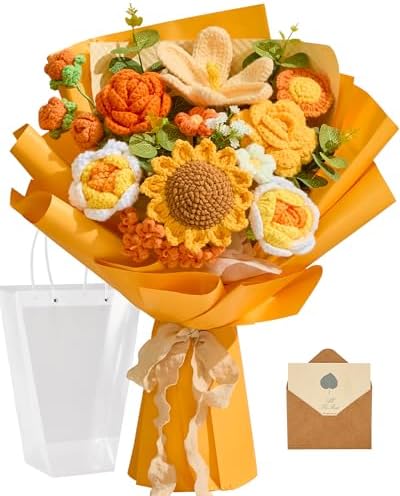Alecono Large Orange Crochet Sunflower Bouquet Handmade Knitted Floral Set by AleconoBetterYourLife
