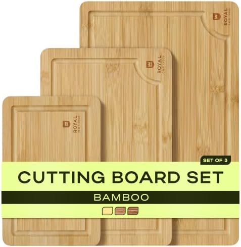ROYAL CRAFT WOOD Wooden Cutting Boards for Kitchen Meal Prep & Serving - Bamboo Wood Serving Board Set with Deep Juice Groove Side Handles - Charcuterie & Chopping Butcher Block for Meat by ROYALCRAFTWOOD