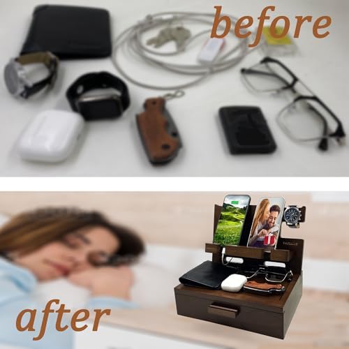 VEIYAILU Gifts for Men Women Him Husband Son Boyfriend Birthday Nightstand Organizer Wood Phone Docking Station Birthday Gifts (Deep Walnut) - Image 6
