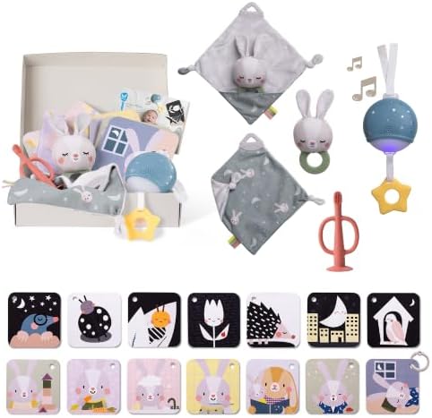 Taf Toys Newborn Bedtime Kit - Baby Essentials Portable Sound Machine with Soothing Music & Light, Contrast Cards, Security Blanket, Bunny Teether & Toothbrush - Ideal Newborn by TafToys