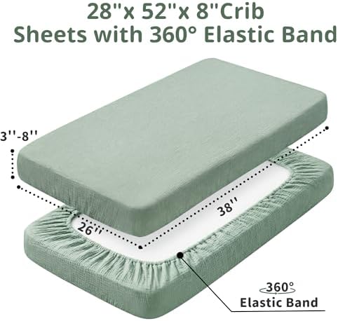 Pro Goleem Muslin Pack n Play Sheets for Boys and Girls, Soft Breathable Cotton Fitted Mini Crib Sheets, Neutral Baby Sheets for Playard Mattress, 2 Pack (Grey＆Green) - Image 6