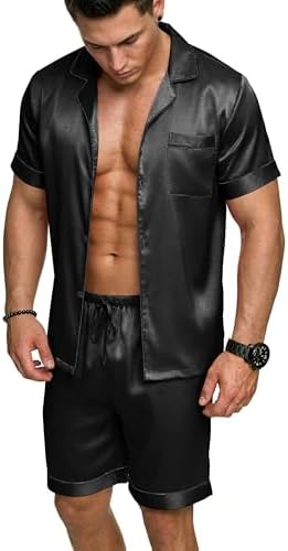 Ekouaer Mens Silk Satin Pajamas Set Short Sleeve Button Up Lounge Pjs Set by EKOUAER
