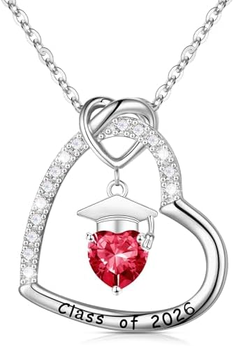 Turandoss 2026 Graduation Gifts - S925 Sterling Silver Heart Pendant Birthstone Graduation Cap Necklace Class of 2026 College High School Masters Degree Inspirational Gifts for Women by TurandossJewelry