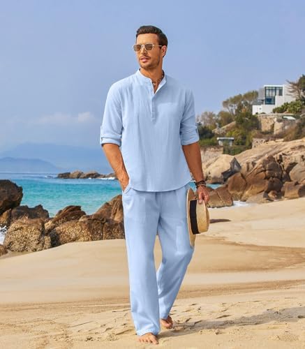 COOFANDY Men’s 2 Piece Cotton Linen Set Casual Beach Outfits Long Sleeve - Image 6