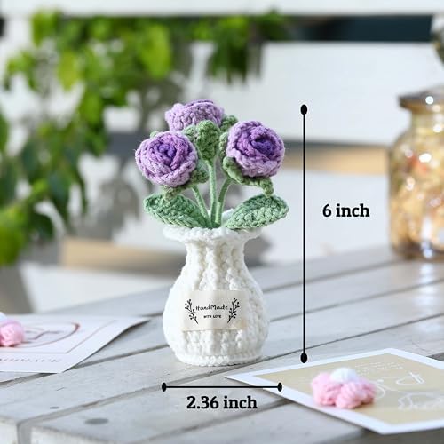 Crochet Rose Flower Potted Plant – Purple, Valentines Day Gift for Her, Handmade Knitted Romantic Desk Decor - Image 4